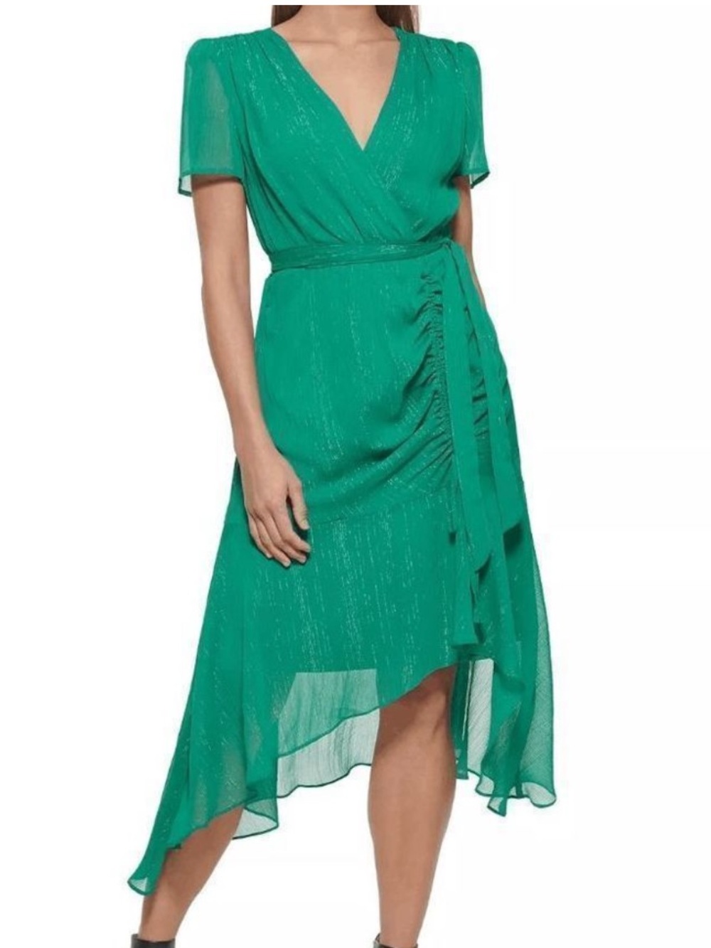 Dkny asymmetric V-Neck Green wrap tie Midi metallic thread textured Dress lined